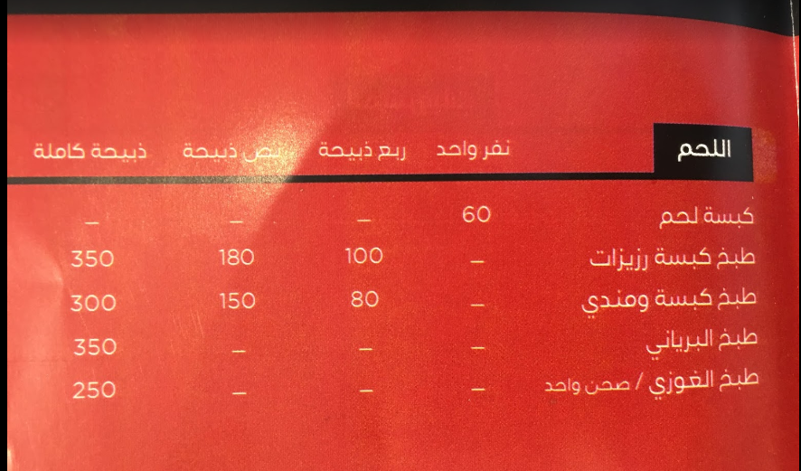 منيو مطعم رزيزات